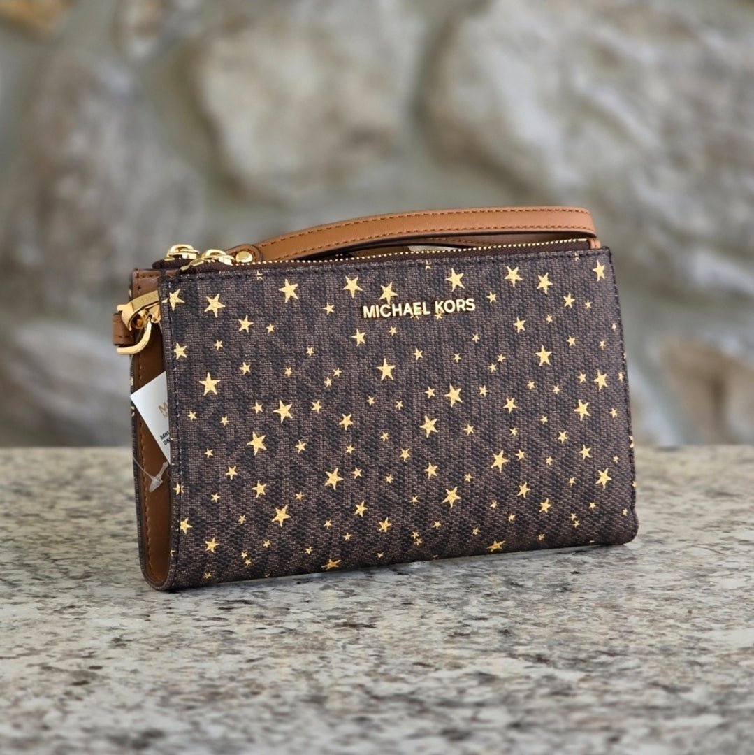 Michael Kors Jet Set Logo Star Double Zip Wristlet Brown