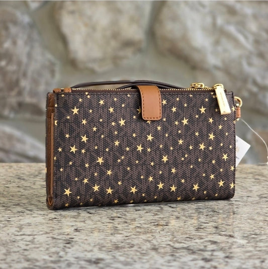 Michael Kors Jet Set Logo Star Double Zip Wristlet Brown