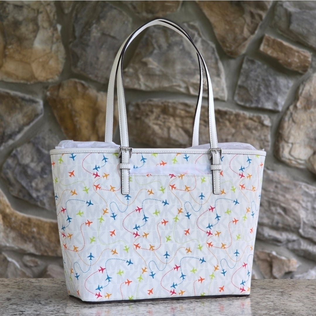 Michael Kors Jet Set Logo Airplane Print Medium White Tote