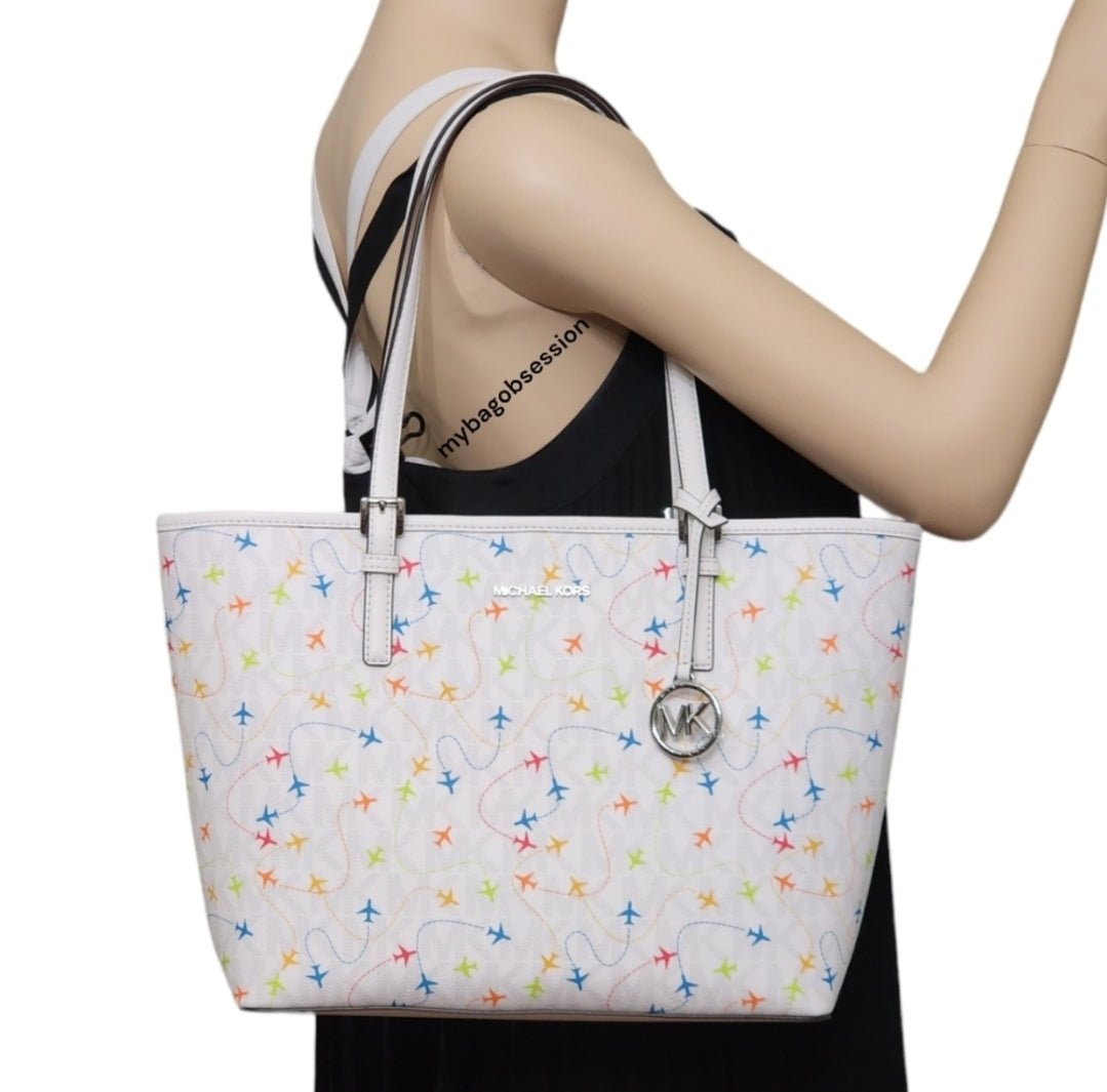 Michael Kors Jet Set Logo Airplane Print Medium White Tote