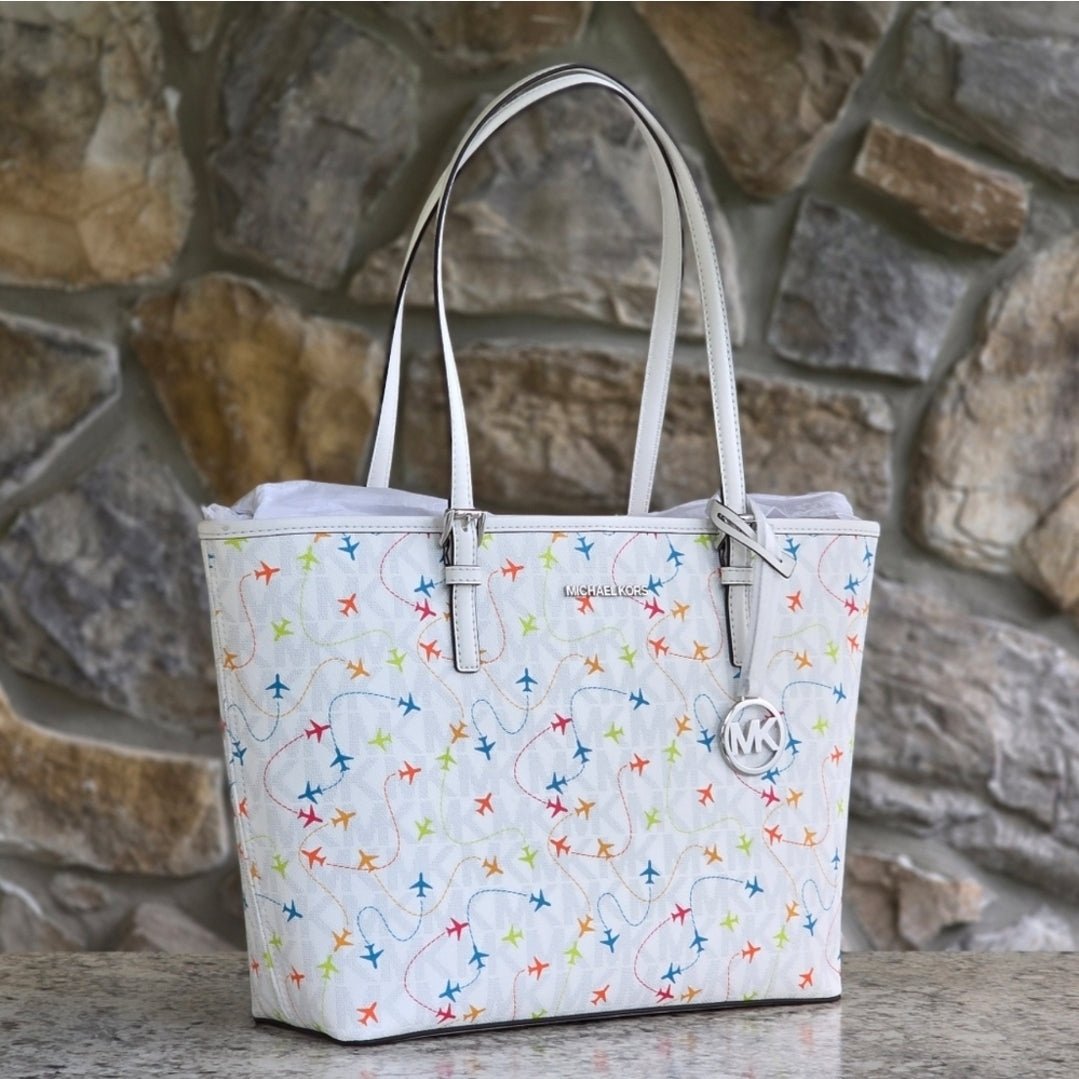 Michael Kors Jet Set Logo Airplane Print Medium White Tote