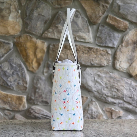 Michael Kors Jet Set Logo Airplane Print Medium White Tote