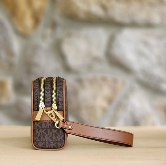 Michael Kors Jet Set Logo Double Zip Wristlet Brown