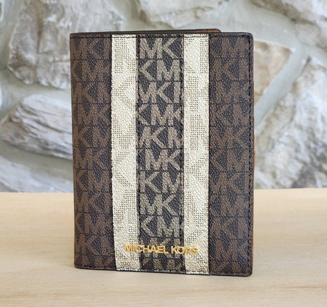 Michael Kors Passport Logo Center Stripe Wallet Brown