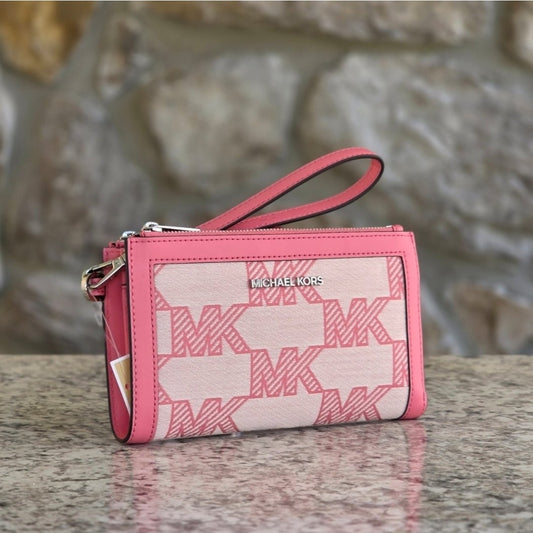 Michael Kors Jet Set Logo Large  Double Zip Pink Wristlet