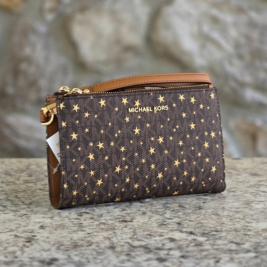 Michael Kors Jet Set Logo Star Double Zip Wristlet Brown