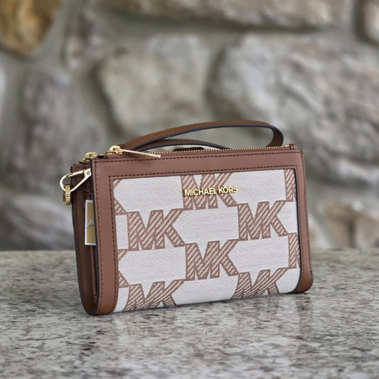 Michael Kors Jet Set Logo LG Double Zip Wristlet Brown