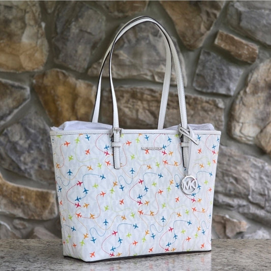 Michael Kors Jet Set Logo Airplane Print Medium White Tote