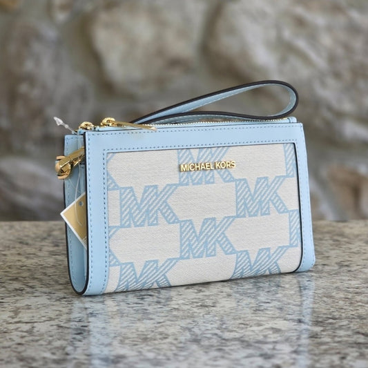 Michael Kors Jet Set Logo Large Double Zip Blue Wristlet