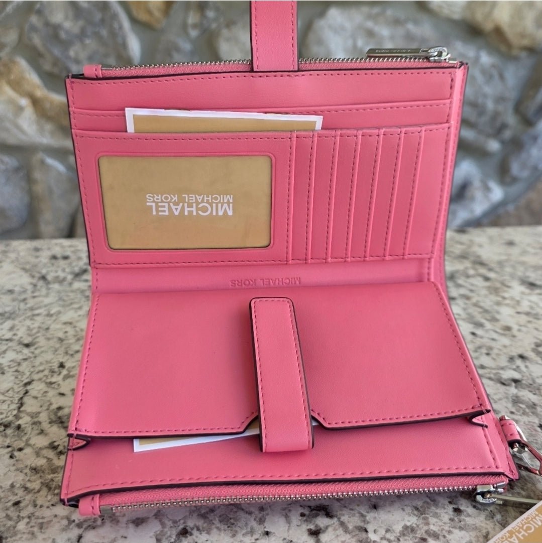 Michael Kors Jet Set Logo Large  Double Zip Pink Wristlet