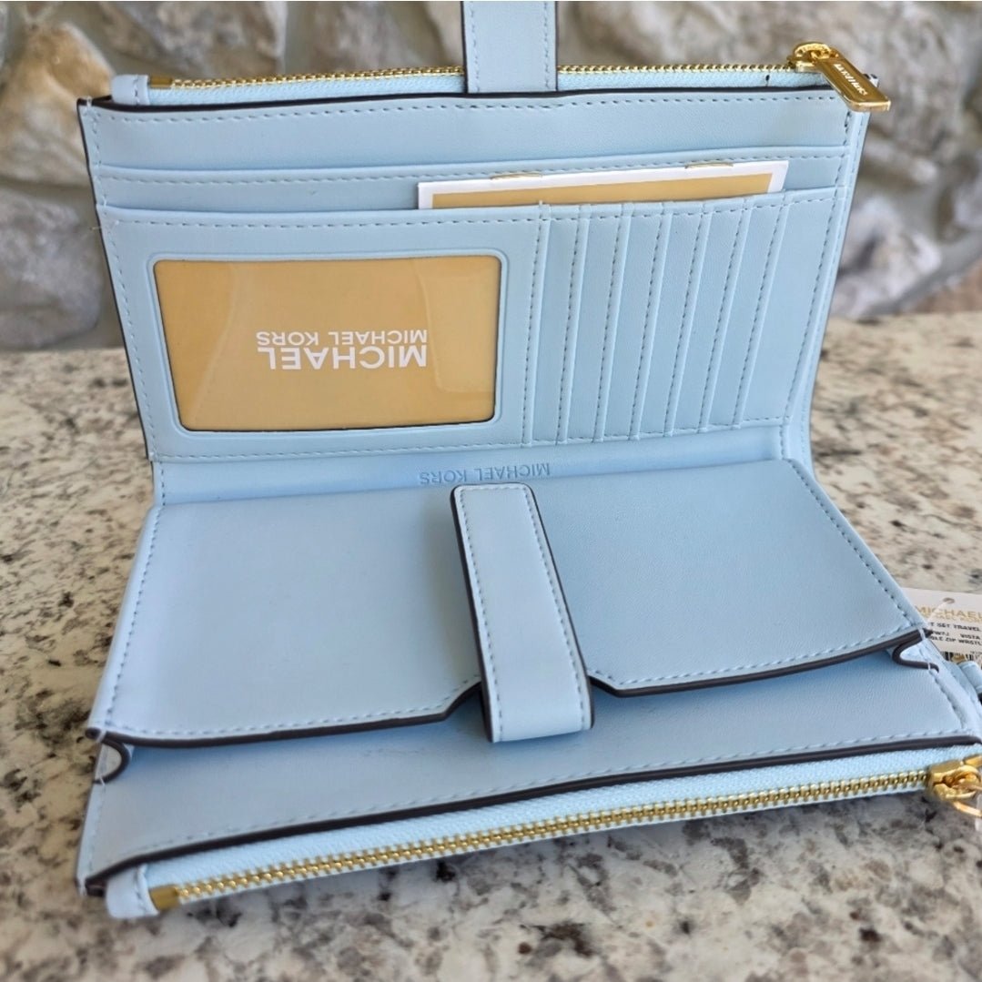 Michael Kors Jet Set Logo Large Double Zip Blue Wristlet