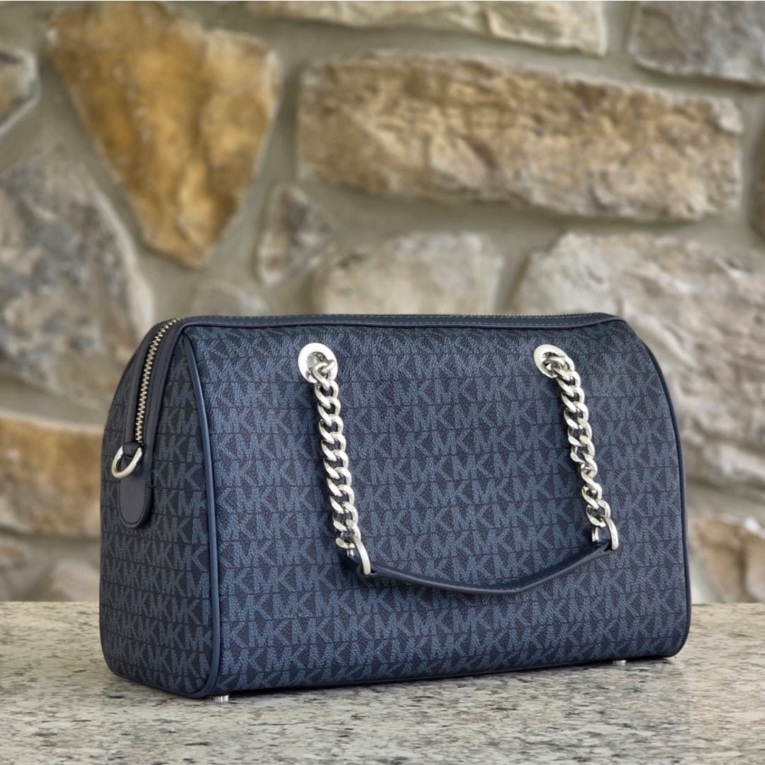 Michael Kors Blaire Duffle Logo Medium Blue Satchel Crossbody