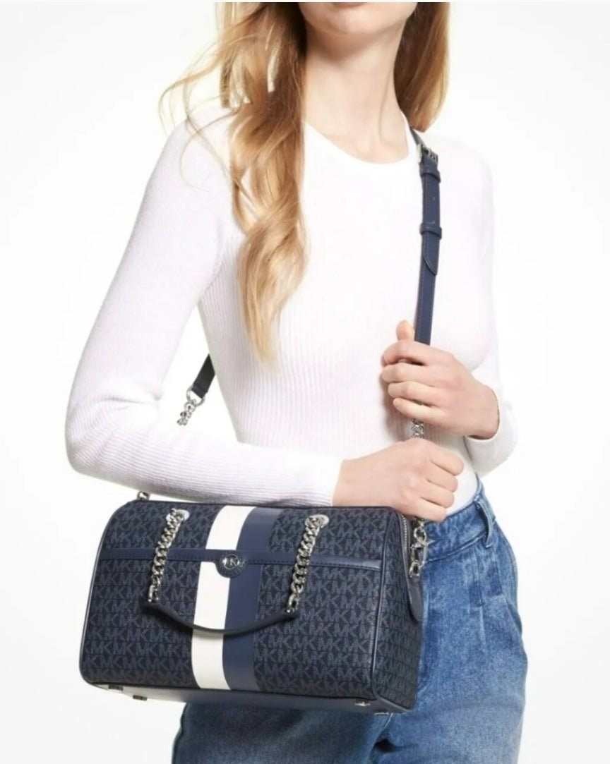 Michael Kors Blaire Duffle Logo Medium Blue Satchel Crossbody