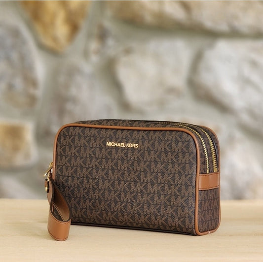 Michael Kors Jet Set Logo Double Zip Wristlet Brown