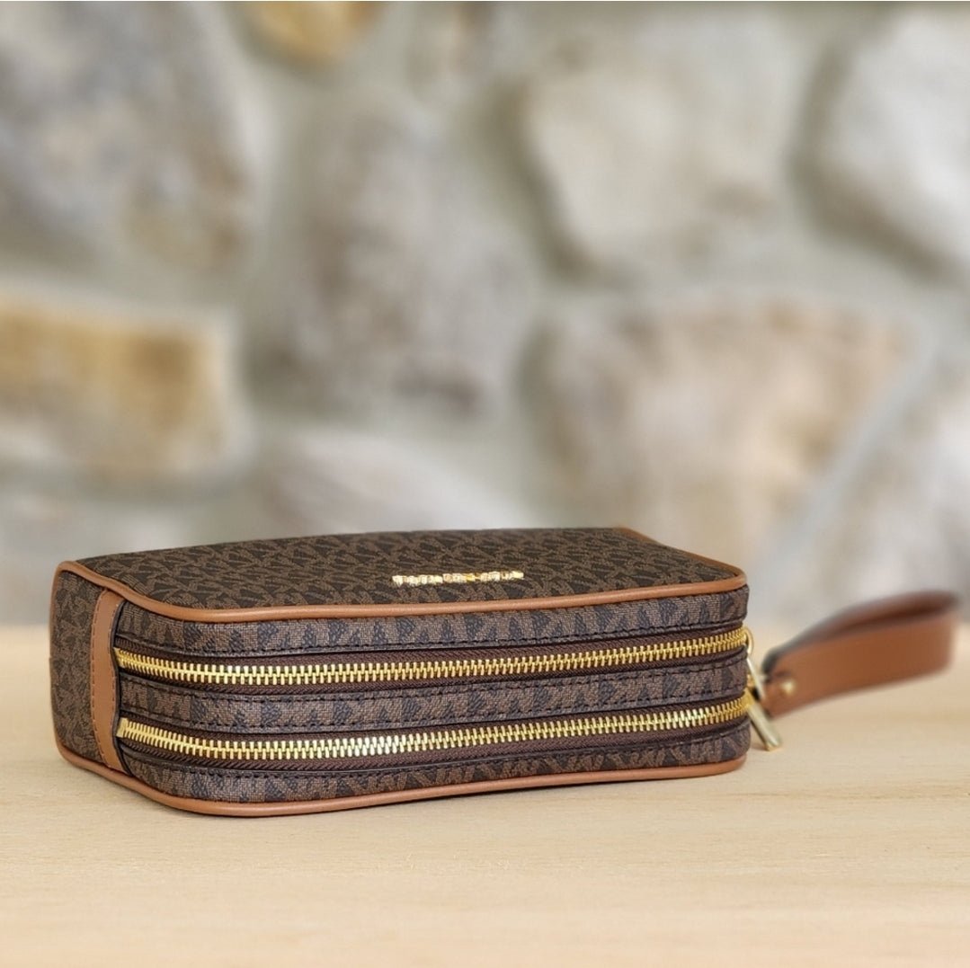 Michael Kors Jet Set Logo Double Zip Wristlet Brown