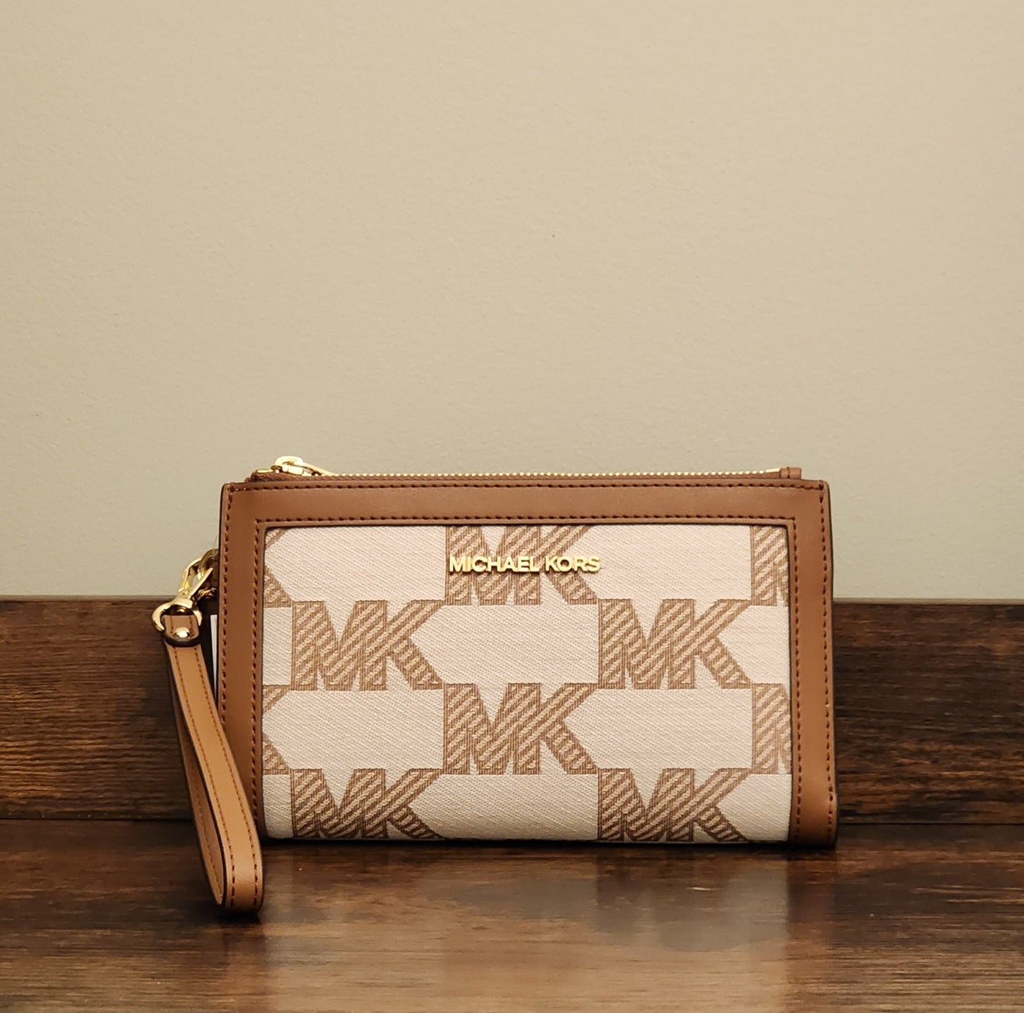 Michael Kors Jet Set Logo LG Double Zip Wristlet Brown