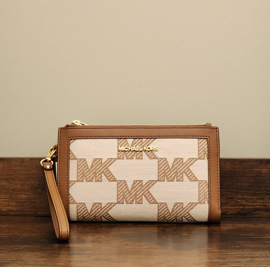 Michael Kors Jet Set Logo LG Double Zip Wristlet Brown